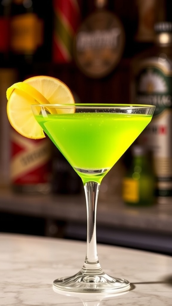 A Sour Apple Vodka Martini in a chilled glass, garnished with apple slice and lemon twist, against a cozy bar backdrop.